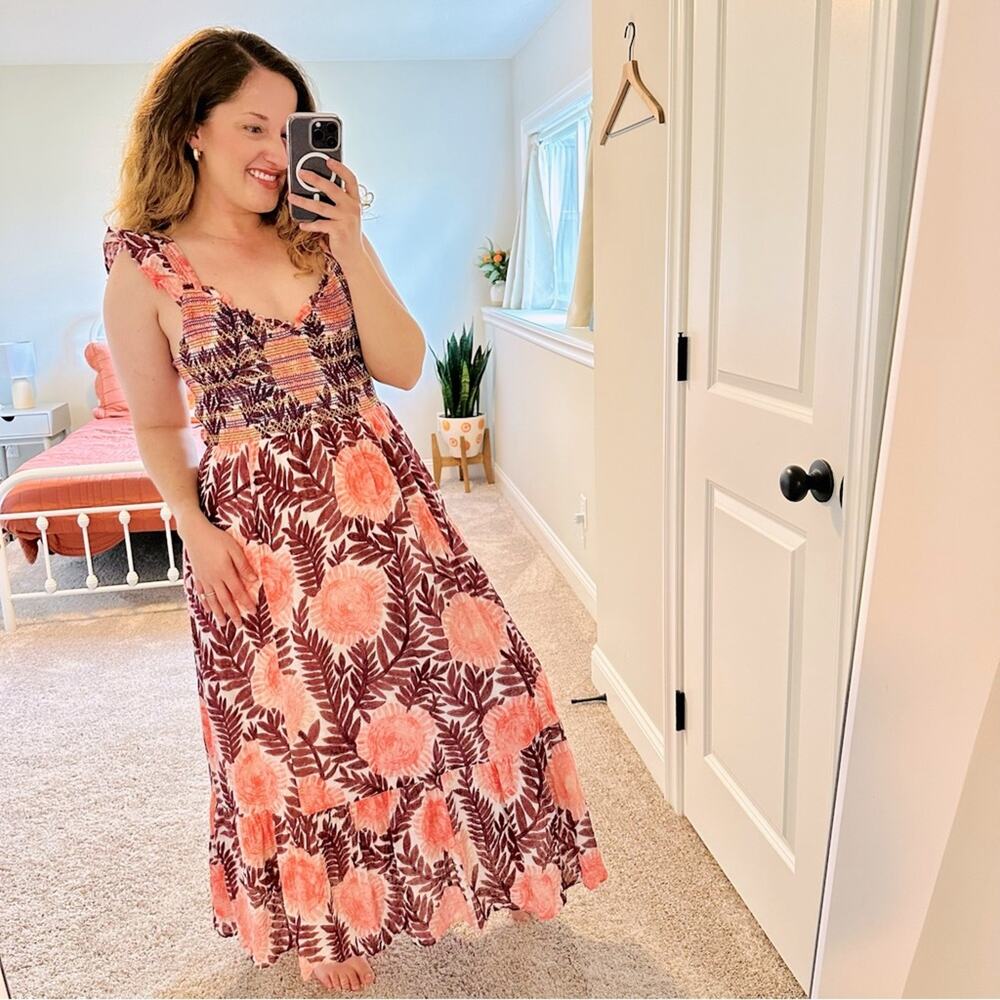 Anthropologie Cecilia Pettersson Pink Floral Smocked Maxi Cotton Dress Medium